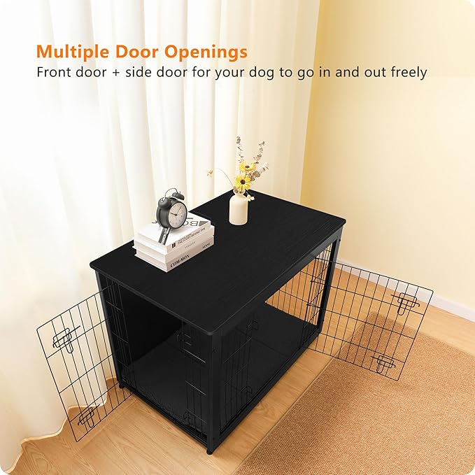 DWANTON Dog Crate Furniture with Cushion, Wooden Kennel Table with Double Doors, Indoor Dog House, Large Size, 38.5" L, Black-PawvioPets