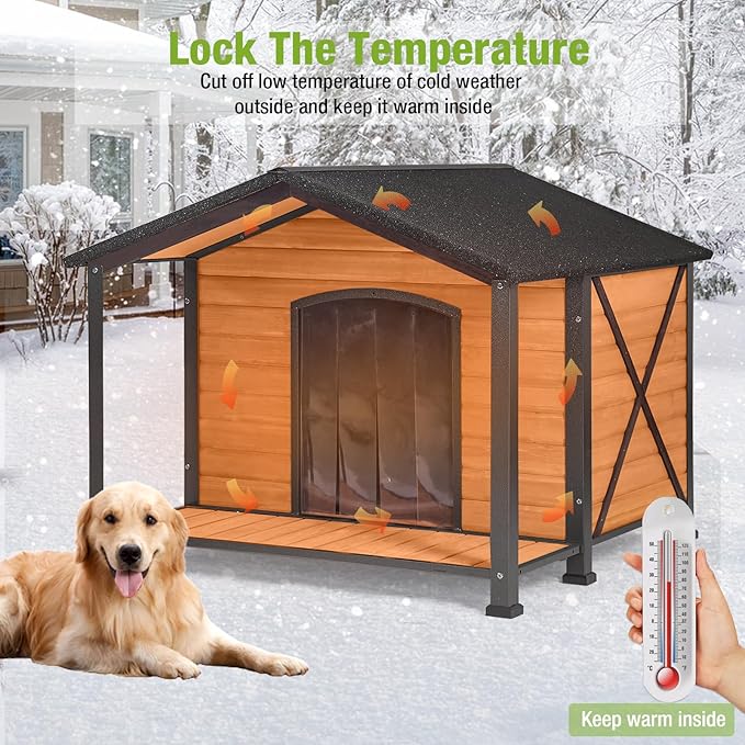 Dog House Outdoor Large Insulated Dog Kennel with Liner for Winter Waterproof Dog Cage for Small & Medium & Large Dogs,Unique All-Around Iron Frame-PawvioPets