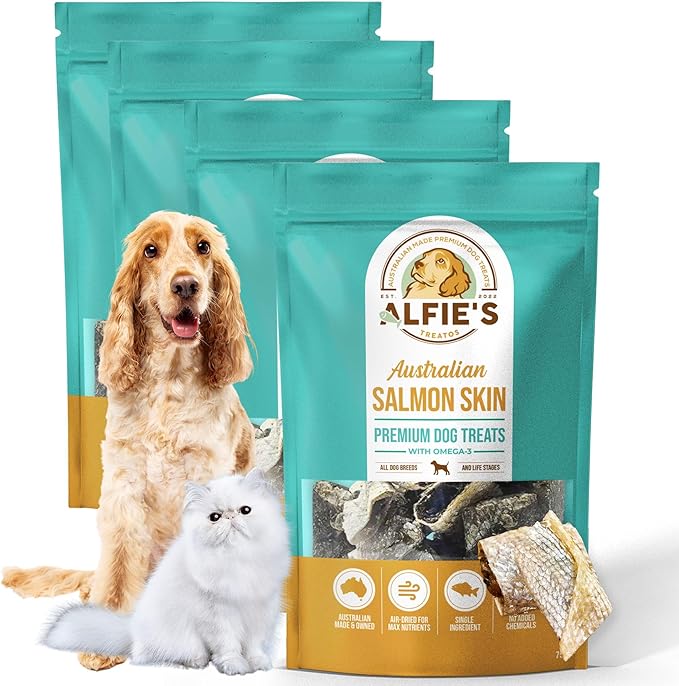 ALFIE'S TREATOS Salmon Skin Treats for Dogs & Cats (10.6 oz, 4x2.65 oz), Bulk Bundle, Air-Dried Fish Skin Dog Treats, Omega-3 Food Topper & Training, Single Ingredient, Freeze-Dried Alternative-PawvioPets