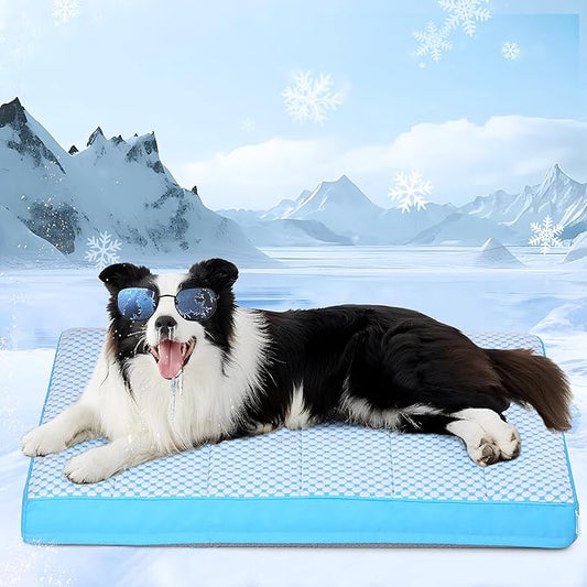 Cooling Dog Bed for Large Dogs - Orthopedic Pet Beds with Memory Foam, QMAX>0.5, Waterproof Removable Washable Cover for Hot Weather, Blue, 35" L x 23" W x 3" H-PawvioPets
