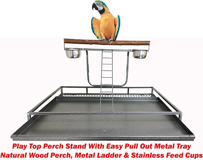 Extra Large Elegant and Durable Wrought Iron Climbing Ladder Perch Stand Play Top Ground Bird Parrot Metal Cage Around Seed Guard Storage Shelf with Heavy Duty Lockable Rolling Wheels-PawvioPets