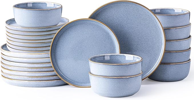 GBHOME Ceramic Dinnerware Sets for 8, 24 Pieces Stoneware Plates and Bowls Sets, Scratch Resistant Dishes, Dishwasher & Microwave Safe, Reactive Glaze-Brunnera Blue-PawvioPets