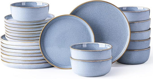 GBHOME Ceramic Dinnerware Sets for 8, 24 Pieces Stoneware Plates and Bowls Sets, Scratch Resistant Dishes, Dishwasher & Microwave Safe, Reactive Glaze-Brunnera Blue-PawvioPets