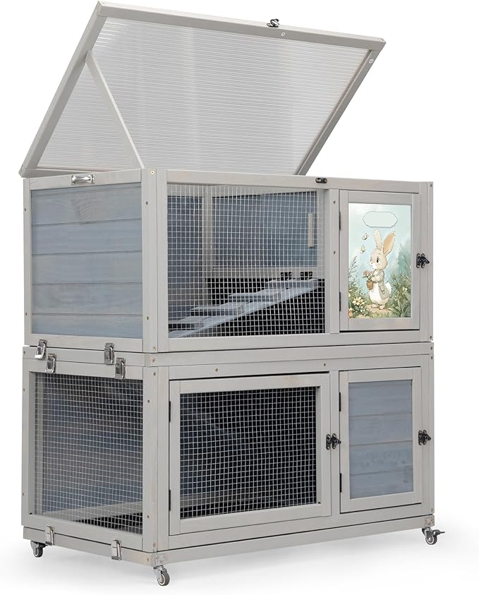 2-Story Wooden Rabbit Hutch for Outdoor & Indoor, Bunny Cage Rabbit House with Wheels, Trays, Ramp, Pet Home for Guinea Pigs, Chickens, Chicken Coop, Gray with Colorful Patterns-PawvioPets