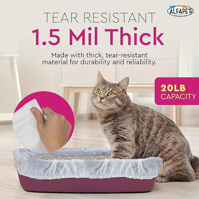 Cat Litter Box Liners Alfapet heavy duty Extra Giant 60 Count - Tear-Resistant Cat Litter Bags - Waterproof Litter Liners - Fits Litter box Pan Sizes XL, Giant, X-Giant, 37" x 18", 20 lb Capacity-PawvioPets