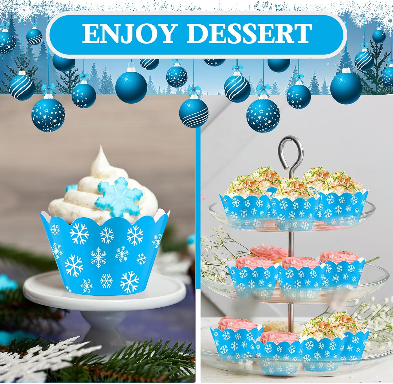Domensi 100 Pcs Snowflake Cupcake Wrappers Blue Cupcake Liners Christmas Blue Snowflake Baking Cups Baking Liners for Winter Xmas Wedding Bridal Baby Shower Birthday Party Supplies Dessert Decoration