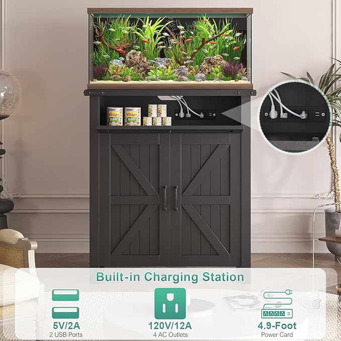 20 Gallon Aquarium Stand With Charging Station, Farmhouse Fish Tank Stand, Reptile Tank Stand Terrarium Stand with Drawer and Cabinet Storage, Sturdy Heavy Duty 27.6"×15.7" Tabletop - Black-PawvioPets