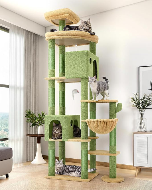 Globlazer Cactus Giant Cat Tree, 83 inch Cat Tree for Indoor Cats Large Adult, XXL Cat Tower with 9 Scratching Posts for 20lb+ Heavy Duty Large Adult Cats, F83, Green-PawvioPets