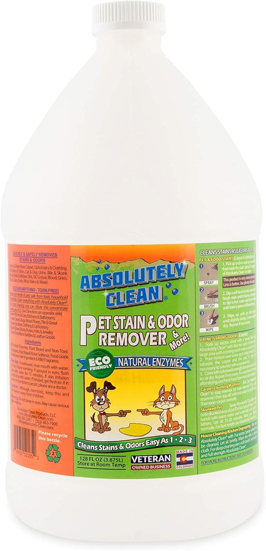 Absolutely Clean Amazing Pet Odor Eliminator for Home, Professional Strength: Natural Enzymes Remove Most Stains in 60 Seconds -Dog/Cat Urine, Vomit, Bile, Feces, Grass, Blood, Drool, More -USA Made-PawvioPets