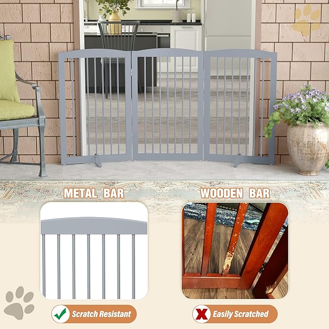 Freestanding Pet Gate for Dogs, Foldable Wooden Dog Gate for House Indoor, Tall Pet Fence for Stair, Doorway,Hall, Support Feet Included, 3 Panels 32",Grey-PawvioPets