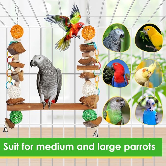 3-in-1 Parrot Toys Natural Coconut Fiber Parrot Hammock (Swing + Perch + Chew Toy) Natural Bird Perches for Medium Large Birds - 23" Bird Toys for Parrots Stand-PawvioPets