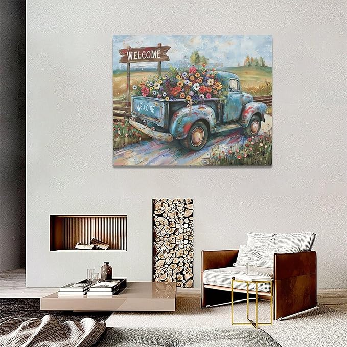 Farmhouse Truck Wall Art Rustic Country Wildflowers Wall Decor Road Flowers Landscape Pictures Canvas Print Painting Artwork for Bathroom Living Room Bedroom 16"x20"-PawvioPets