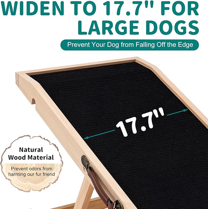 Dog Ramp for Bed, Adjustable Pet Ramps for Dog to Get on Bed, Non-Slip Rubber Surface - Folding Wooden Dog Ramp for Small/Large/Old Dogs, Adjustable up to 19.5 inch High Beds-PawvioPets
