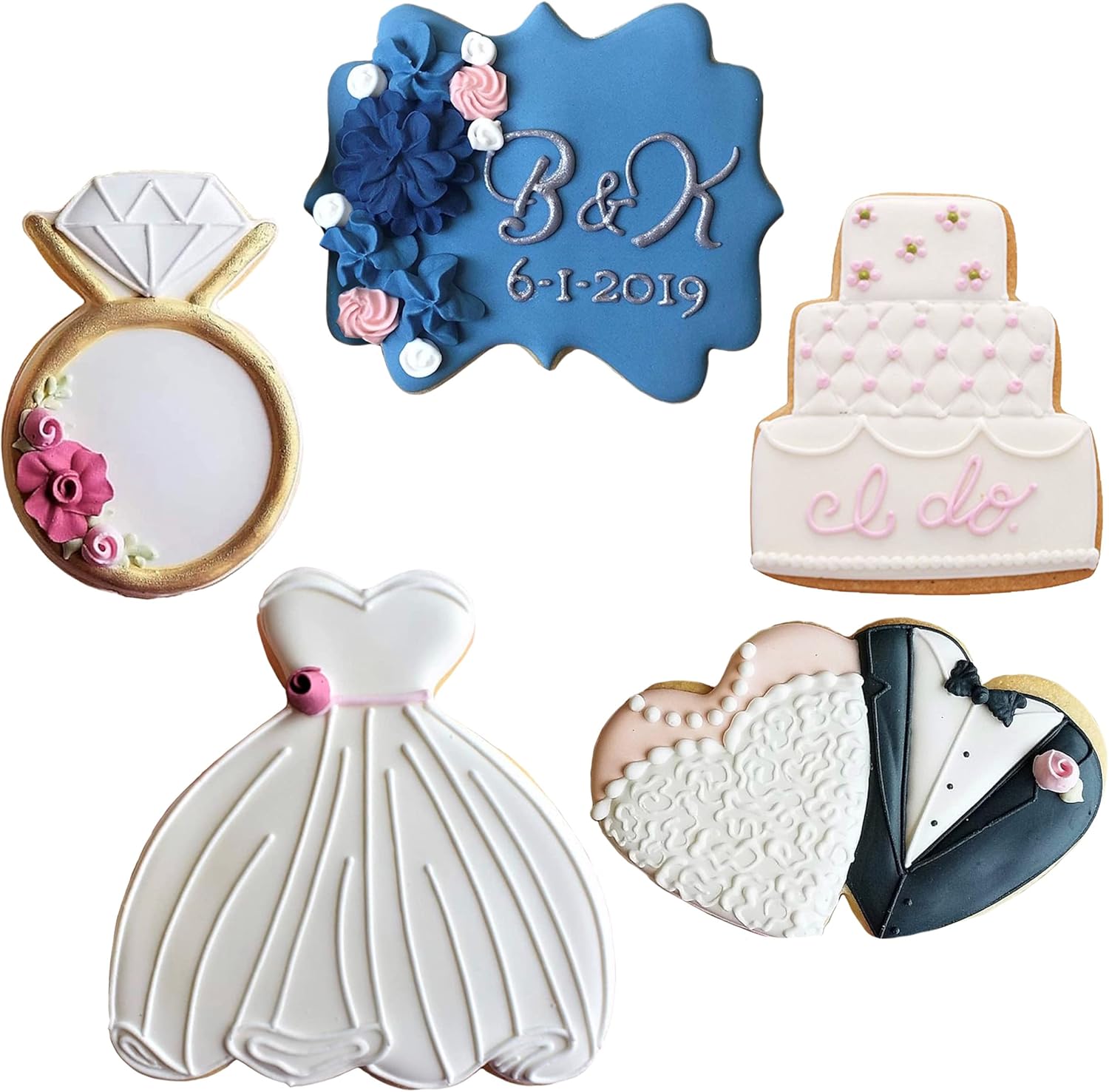 Ann Clark Cookie Cutters Wedding Cookie Cutters 5-Pc Set Made in the USA, Square Plaque, Wedding Cake, Wedding Dress, Diamond Ring, Double Heart