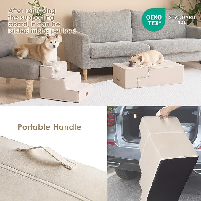 EHEYCIGA Dog Stairs for Bed 18" H, 4-Step Dog Steps for High Bed, Pet Steps for Small Dogs and Cats, Non-Slip Balanced Pet Ramp Indoor, Beige-PawvioPets