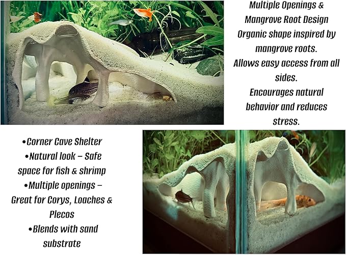 Aquarium & Terrarium Corner Cave – Faux Mangrove Root Hideout for Fish, Shrimp, Geckos, Snakes – Natural-Look Reptile Tank Decor in Textured Root Style (Desert Tan (Sand), 7.5''x7.5''x4'')-PawvioPets