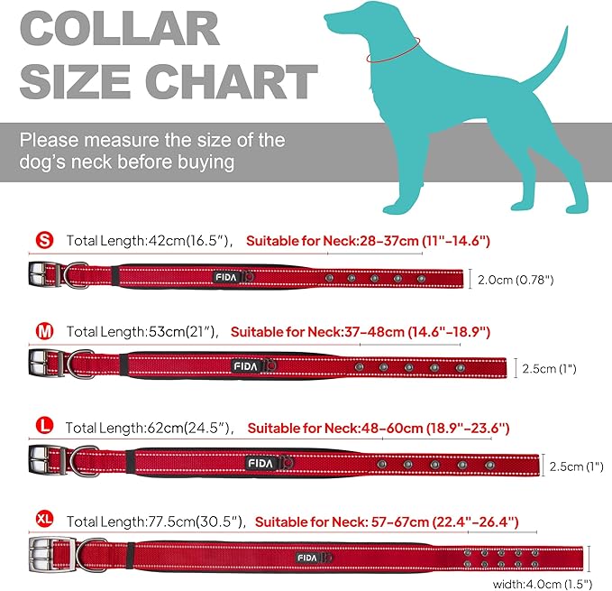 Fida Heavy Duty Dog Collar, Ultra Comfortable Soft Neoprene Padded, Adjustable Reflective Nylon Pet Collar with Durable Metal Belt Buckle for Medium Breeds (M, Red)-PawvioPets