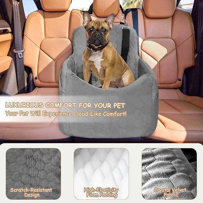 Dog Car Seat for Small/Medium Dogs - Dog Booster Seat with Safety Straps & Non-Slip Base, Travel Pet Car Seat with Storage Pockets, Washable & Removable, Suitable for Dogs Under 35 lbs (Gray)-PawvioPets