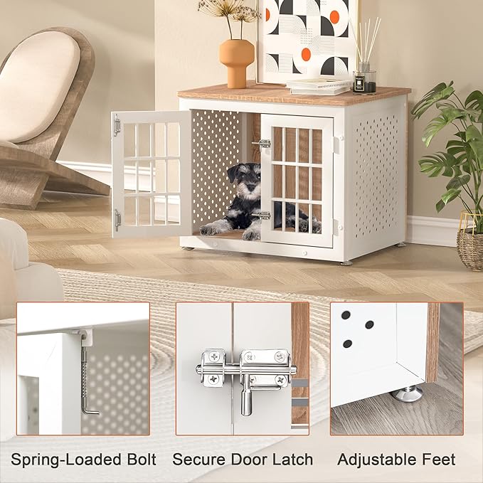 26" Heavy Duty Dog Crate Furniture for Small Dogs, Metal Kennel for High Anxiety Dogs, Chew Proof Pet Cage Indoor, Decorative Dog Kennel End Table,White-PawvioPets