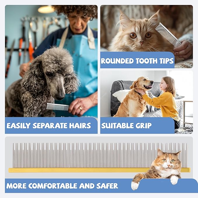 8.5 Inch Dual Tooth Pet Comb for Mats and Tangles，Professional Grooming Comb Removing Excess Hair for Long-Haired Cats and Dog Kit,Prevent Undercoat, Excess Hair,Mats and Tangles,Pet Essential-PawvioPets