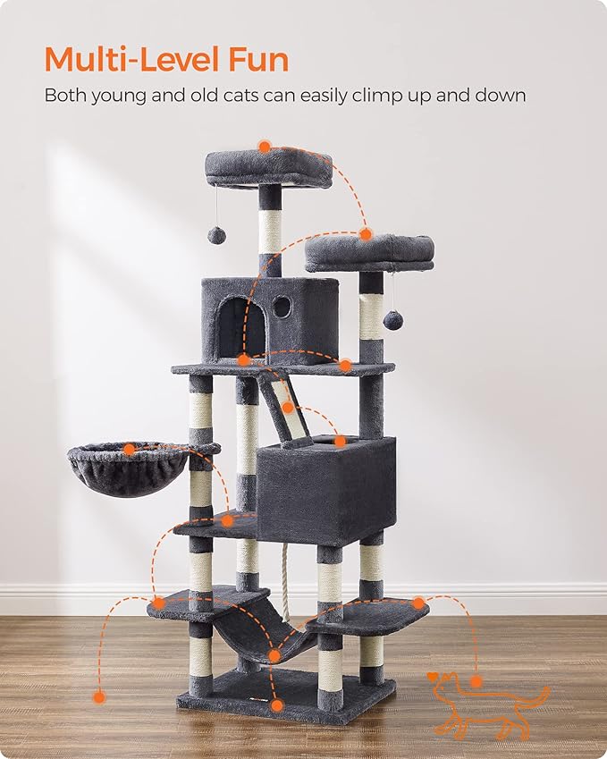 Feandrea Cat Tree, 66.1-Inch Large Cat Tower with 13 Scratching Posts, 2 Perches, 2 Caves, Basket, Hammock, Pompoms, Multi-Level Plush Cat Condo for Indoor Cats, Smoky Gray UPCT165G01-PawvioPets