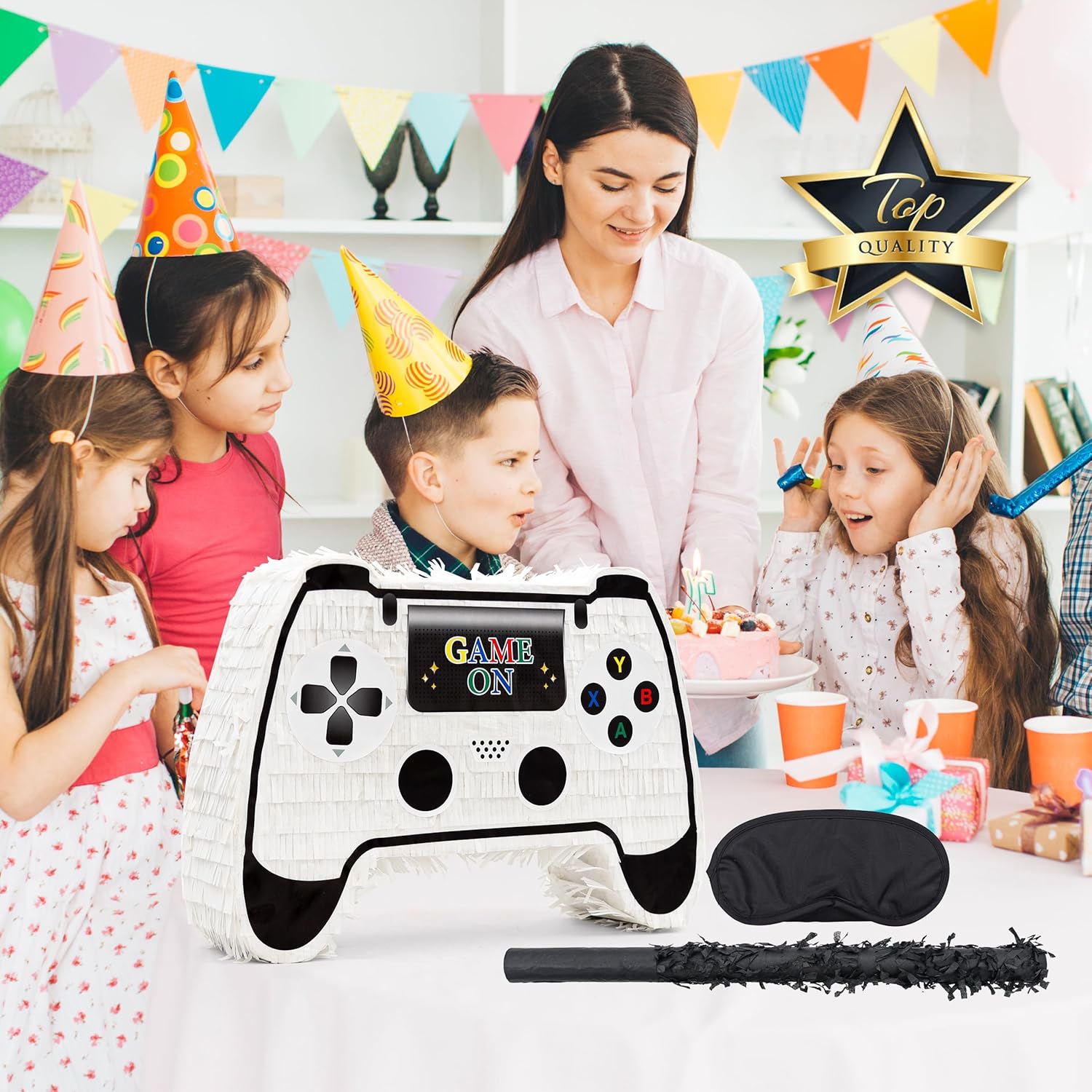 White Game Controller Pinatas Bundle with a Blindfold and a Bat(16.5 x 12 x 3.5 Inches), Perfect for kid's Birthday Parties, Mexican Theme Parties, Decorations