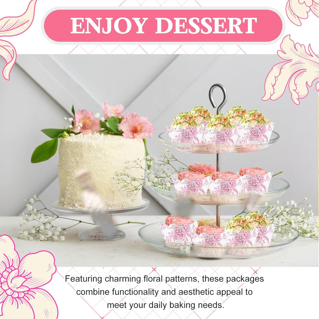 Domensi 100 Pcs Pink Floral Cupcake Wrappers Rustic Cupcake Liners Pink Baking Cups Flower Baking Liners for Wedding Bridal Baby Shower Birthday Party Supplies Dessert Decoration