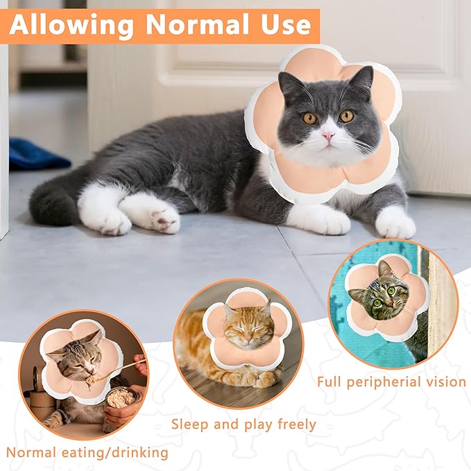 Cat Cone Collar Soft, Waterproof Cats Cones to Stop Licking After Surgery, Adjustable Soft Elizabeth Cats Collars for Wound Healing, Flower Shape Cat Recovery Collar (Pastel Orange, Medium)-PawvioPets