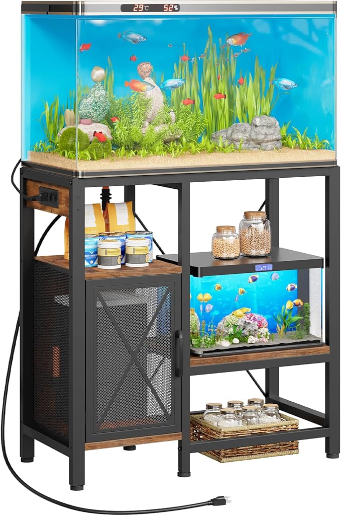 20-37 Gallon Fish Tank Stand, Aquarium Stand with Power Outlet and Storage Cabinet, Heavy Duty Tank Stand Suitable for Turtle Tank, Reptile Terrarium, for Home Office, Rustic Brown FTHR40E01-PawvioPets
