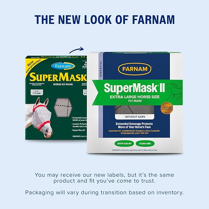 Farnam SuperMask II Fly Mask Without Ears for Larger Horses, Full Face Coverage and Eye Protection from Insect Pests, Structured Classic Styling Mesh with Plush Trim, XL Size-PawvioPets