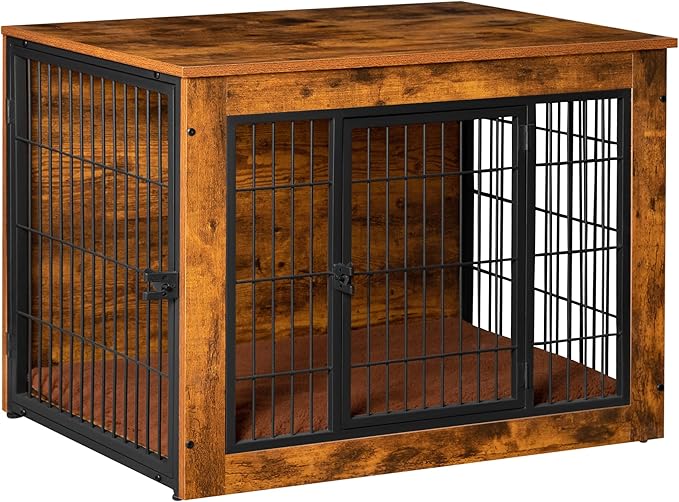 Bigrab Dog Crate Furniture with Thick Cushion, Side End Table Wooden Dog Cage with Double Doors, Chew-Resistant Dog Kennel Dog House Indoor for Small to Large Dog, M-PawvioPets