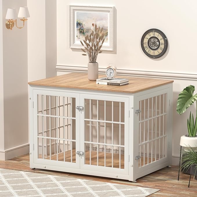 38 Inch Heavy Duty Dog Crate Furniture for Large and Medium Dogs, Decorative Pet House End Table, Wooden Cage Kennel Furniture Indoor, Natural and White-PawvioPets