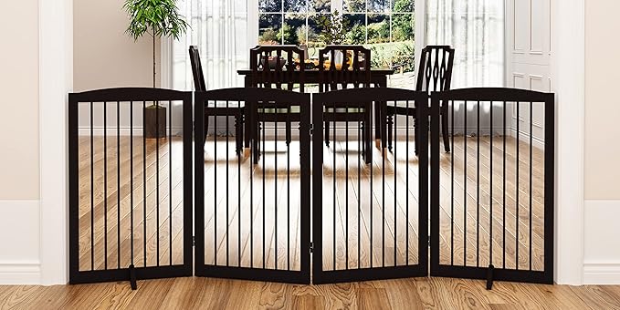 Freestanding Pet Gate for Dogs, Indoor Wooden Foldable Dog Gate for House, Doorway, Stair, 80 Inch Wide, 4 Panels 32",Brown-PawvioPets
