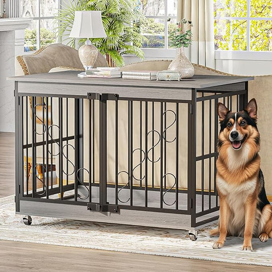 COZPAW Dog Crate Furniture, 48 Inch Dog Crates for Medium/Large Dogs, Farmhouse Wood Dog Kennel Indoor Heavy Duty Dog Cage with Caster Wheels (Gray)-PawvioPets