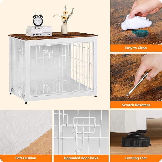 DWANTON Dog Crate Furniture with Cushion, Wooden Kennel Table with Double Doors, Indoor Dog House, Large Size, 38.5" L, White+Rustic Brown-PawvioPets