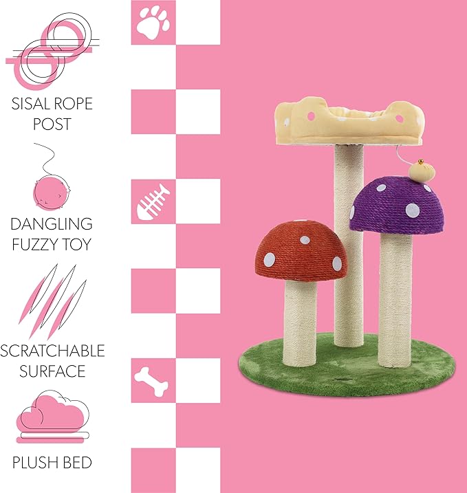 CTR1001A Pixie 22.5" 3-Tier Cottage Sisal Mushroom Cat Tree with Scratching Posts, Napping Perch, and Dangling Bell Toy, Multi-PawvioPets