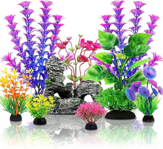 Fish Tank Accessories Aquarium Decorations Plants, 9pcs Colorful Fish Tank Artificial Plants and Cave Rock Decor Set, Aquarium Decor Plastic Plants-PawvioPets
