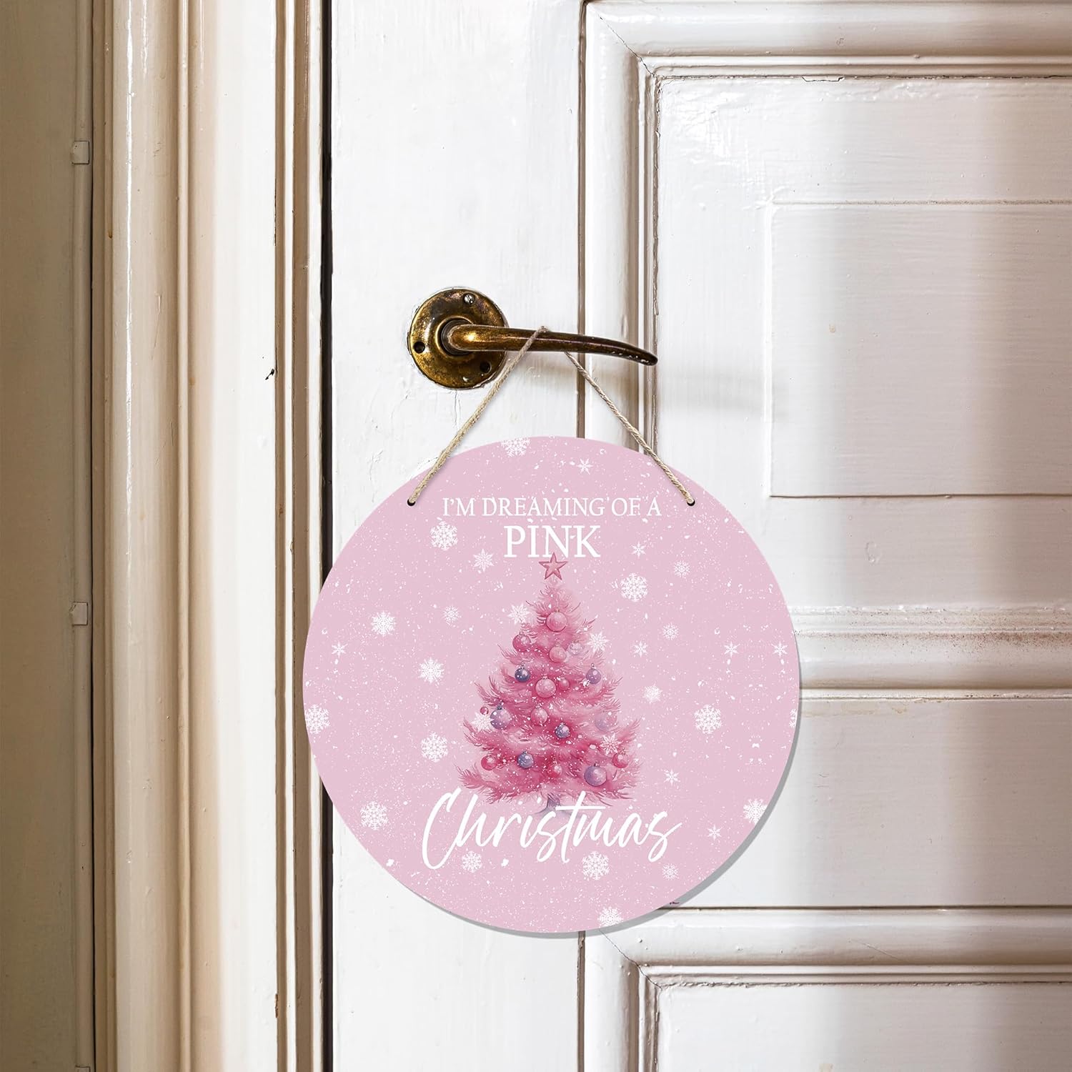 CGBHW Pink Christmas Tree Wooden Sign, Winter Holiday Theme Hanging Sign Wall Decor for Girls Room Home College, Aesthetic Christmas Xmas Snowflake Door Decor 12 x 6 Inch