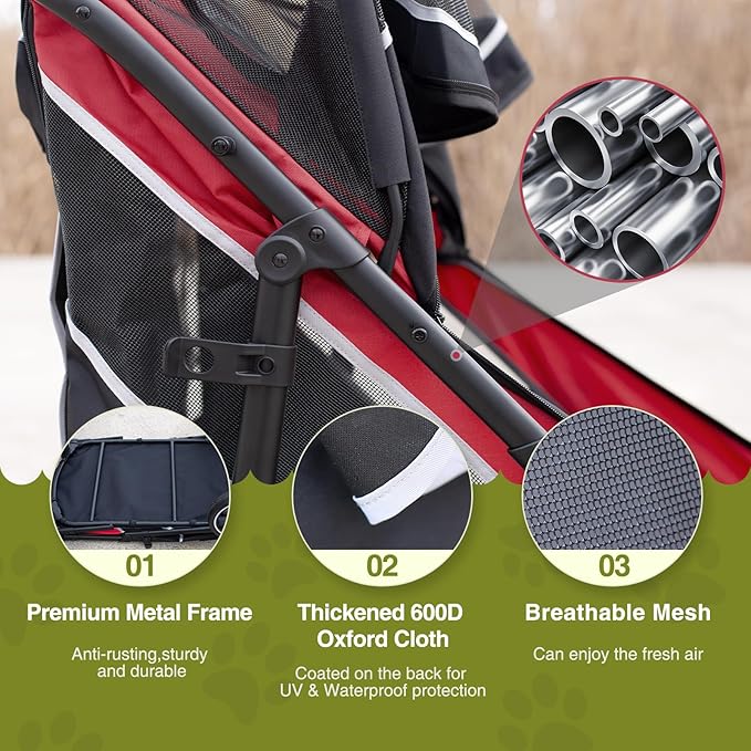 Dog Stroller for Medium/Large Dogs One-Click Folding, Extra Large Pet Stroller for 2 Dogs with Storage Pocket & Shock Absorption, Up to 130 lbs, Red-PawvioPets
