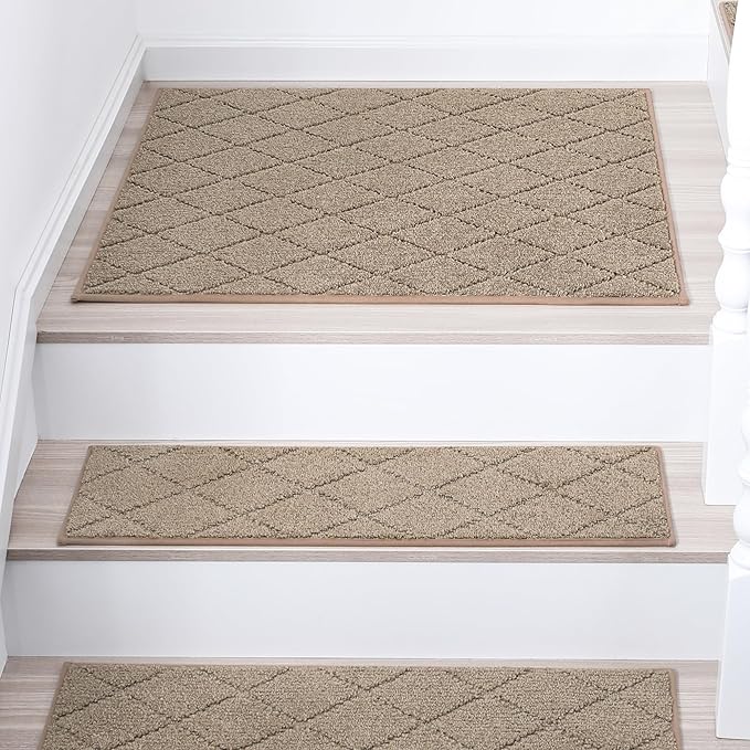 COSY HOMEER Edging Stair Treads Non-Slip Corner Indoor Stair Runners for Wooden Steps,Landing Slip Resistant Stair Rugs Mat for Kids and Dogs,100% Polyester TPE Backing,Beige,30x30 inch-PawvioPets