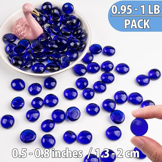 Blue Glass Marbles, 0.97 LB Transparent and Smooth Flat Glass Beads for Vases, Mosaic Gem Pebbles for Aquarium Decor, Floral Arrangements, Mancala Stones, Vase Filler and Crafts (Approx. 80-100 PCS)-PawvioPets