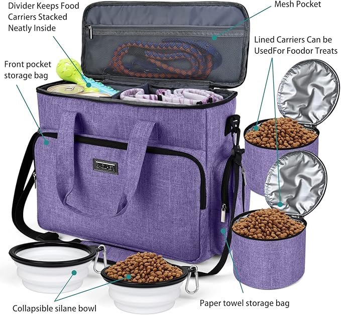 BAGLHER Dog Travel Bag, Airline Approved Pet Tote Organizer with Multi-Function Pockets, 2 X Food Storage Containers and 2 X Collapsible Dog Bowls, Perfect Weekend Pet Travel Set for Dog, Cat Purple-PawvioPets