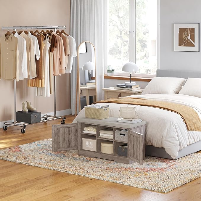 DINZI LVJ Shoe Bench, Entryway Storage Bench with Doors, Cushion, 2-Tier Shoe Rack with 6-Cubby, 31.5”L x 13.8”W Shoe Organizer Cabinet, Adjustable Shelf, Living Room, Bedroom, Greige-PawvioPets