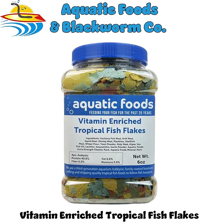 Aquatic Foods Inc. Premium Vitamin Enriched Tropical Fish Flakes, Vitamin Pack, Krill, Color Enhancing, Spirulina Flakes for All Tropical Fish Also Pellet Mix, Wafer Mix Included…6oz Jar-PawvioPets