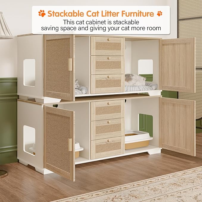 Cat Litter Box Enclosure Furniture Hidden Indoor 2-in-1 Wooden Cat & Washroom Cabinet with Scratching Board Doors and 3 Drawer for 2 Cats, 55"x20"x24"H-PawvioPets