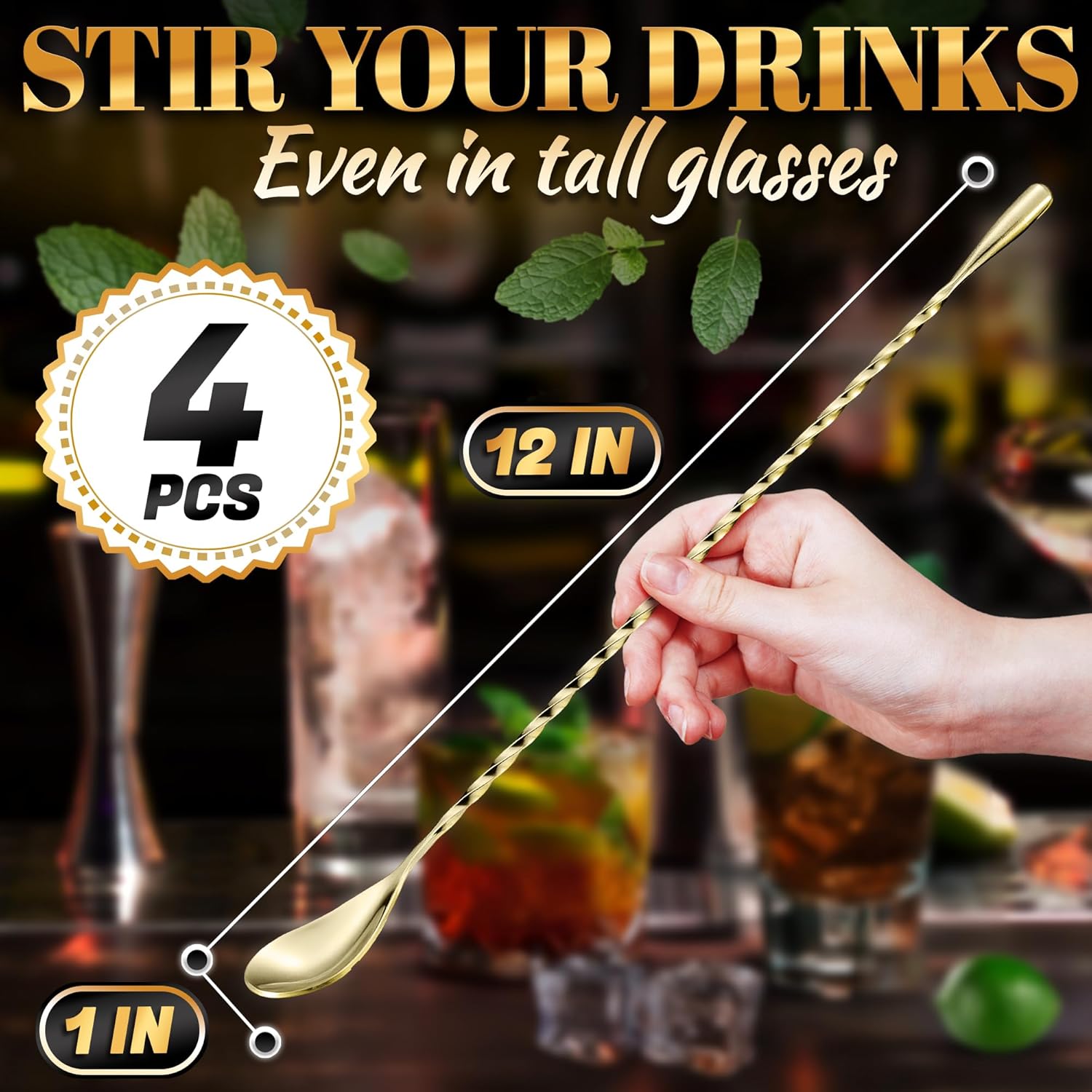 Bar Spoon Set of 4 – Gold Coffee Spoons for Pro and Home Use, Polished Stainless Steel Stirring Spoons with Twisted Spiral Handle - Cocktail Stirrers for Drinks Like Coffee, Smoothie, and Iced Tea