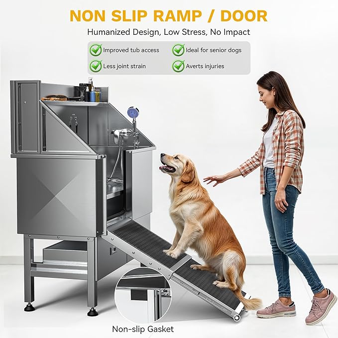 DWVO Professional Dog Bathing Station Stainless Steel 304 Pet Bathtub, 50in Dog Grooming Tub w/Right Door Ramp, 2 Storage Drawers, Grate, Pet Washing Station for Large, Medium, Small Pets-PawvioPets