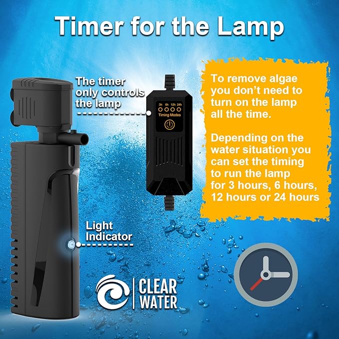 Fish Tank Filter with U - V Light & Timer (3/6/12/24 Hours) for Green Water Cleaning, Aquarium Filter with Aeration Turtle Tank Filter with Pre-Filter Sponge for Tanks 70-100 Gallon-PawvioPets