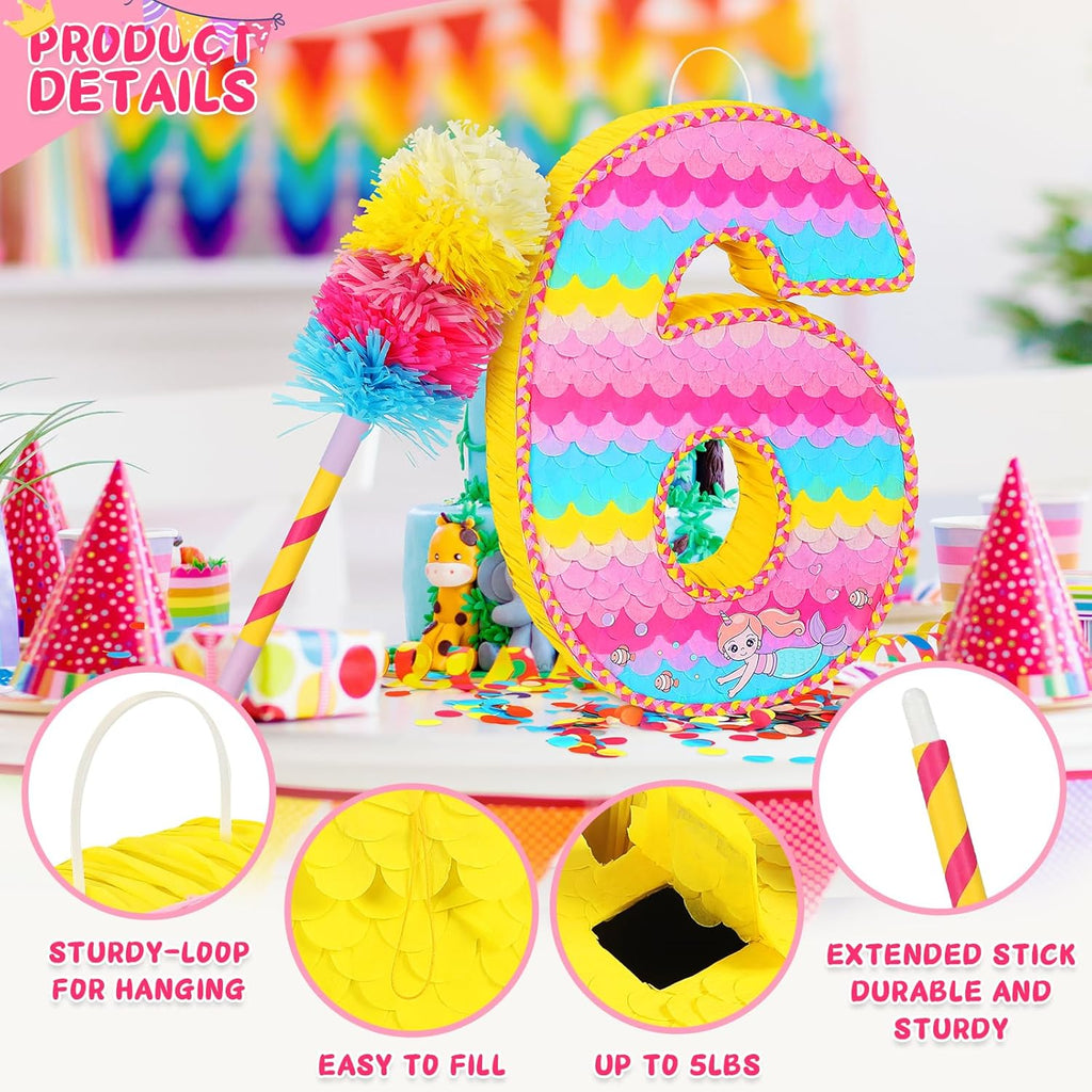 Number 6 Pinata for Birthday Party Decorations, Unicorn Mermaid Theme Pink Piñata Games Toy (6th)