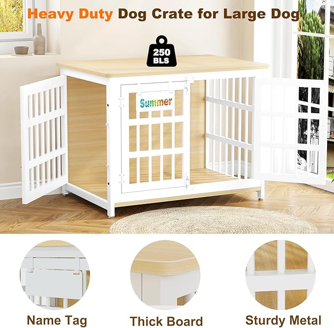 EasyCom 33" Dog Crate Furniture with Name Tag, Heavy Duty Dog Kennel Indoor for Medium and Small Dogs, Double-Doors Sturdy Metal Dog Cage, Decorate House as TV Stand, End Table, Bedside Table-PawvioPets